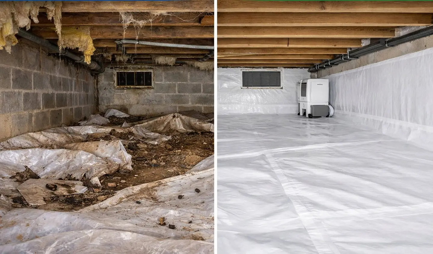 Ground Up Foundation Repair, Waterproofing and Concrete Leveling installing a new crawl space encapsulation vapor barrier