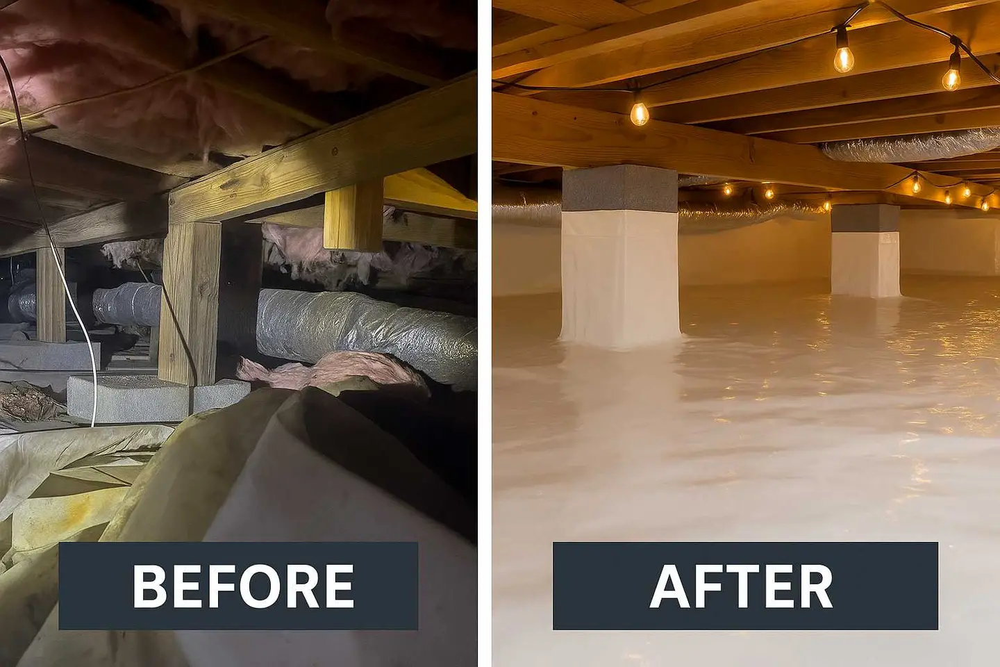 Ground Up Foundation Repair, Waterproofing and Concrete Leveling completing crawl space encapsulation with a new vapor