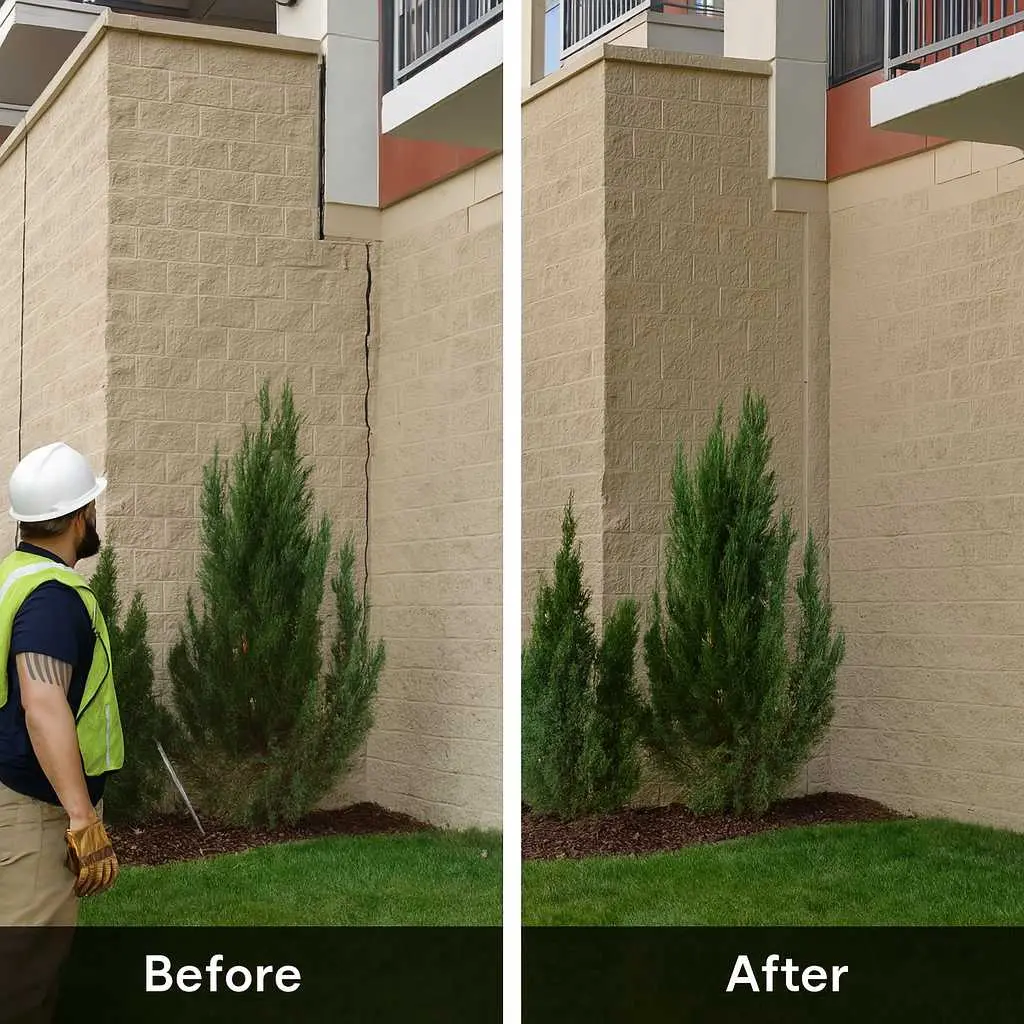 Ground Up Foundation Repair, Waterproofing and Concrete Leveling repairing a vertical foundation crack on a commercial
