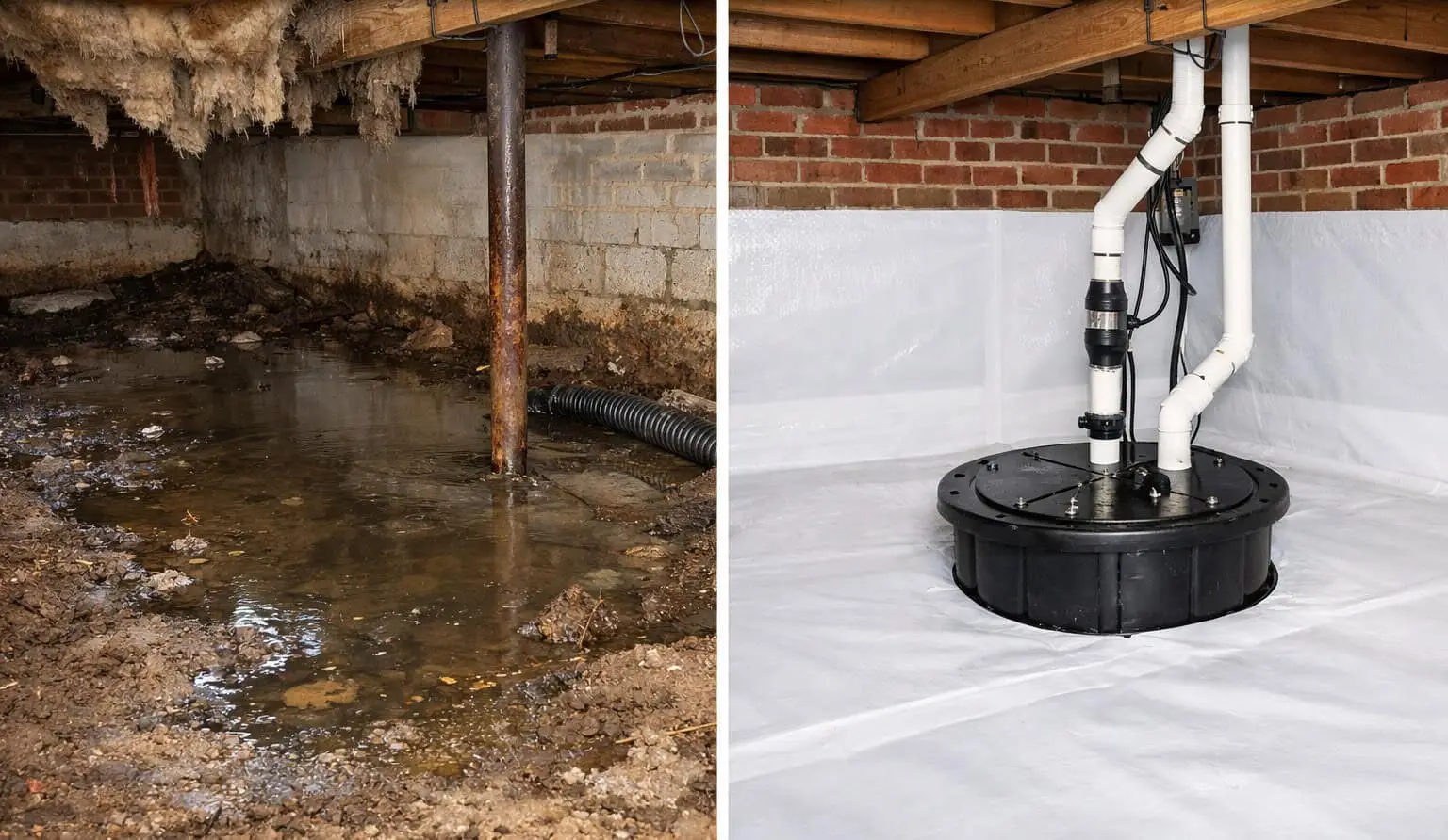 Ground Up Foundation Repair, Waterproofing and Concrete Leveling installing a sump pump and vapor barrier in a crawl space