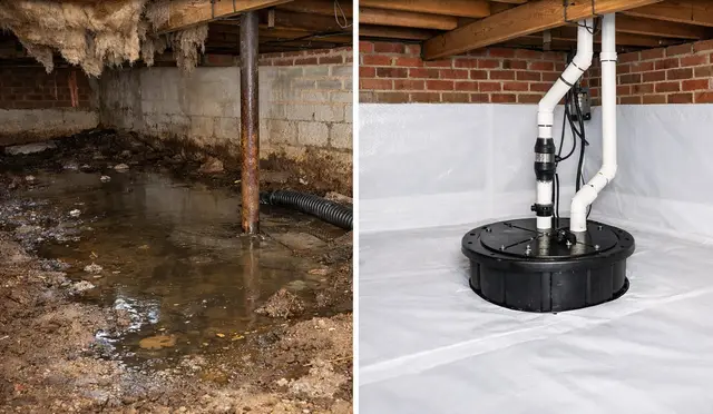 Ground Up Foundation Repair, Waterproofing and Concrete Leveling installing a sump pump and vapor barrier in a crawl space