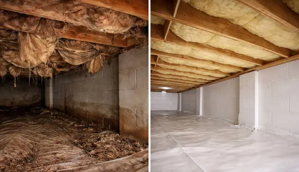 Damaged, deteriorating insulation hanging in an unencapsulated crawl space.