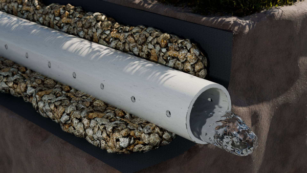 Installing an exterior French drain system with perforated pipe.