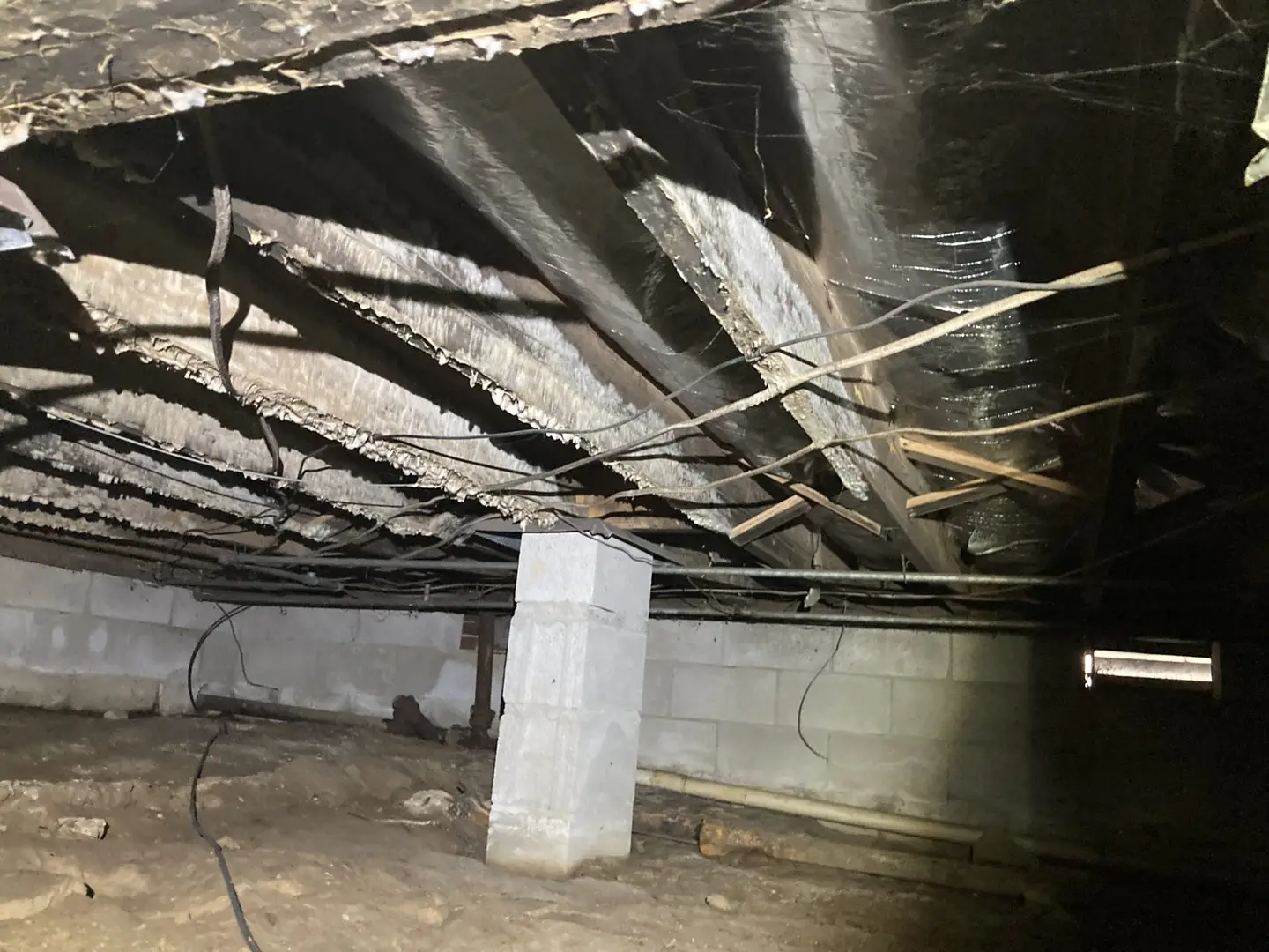Ground Up Foundation Repair, Waterproofing and Concrete Leveling inspecting deteriorating insulation in a damp crawl space.