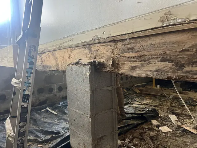 Ground Up Foundation Repair, Waterproofing and Concrete Leveling repairing rotted wood beam and block pier in a crawl space.