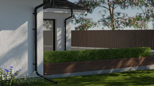 Illustration of a downspout extension carrying roof runoff away from a foundation wall.